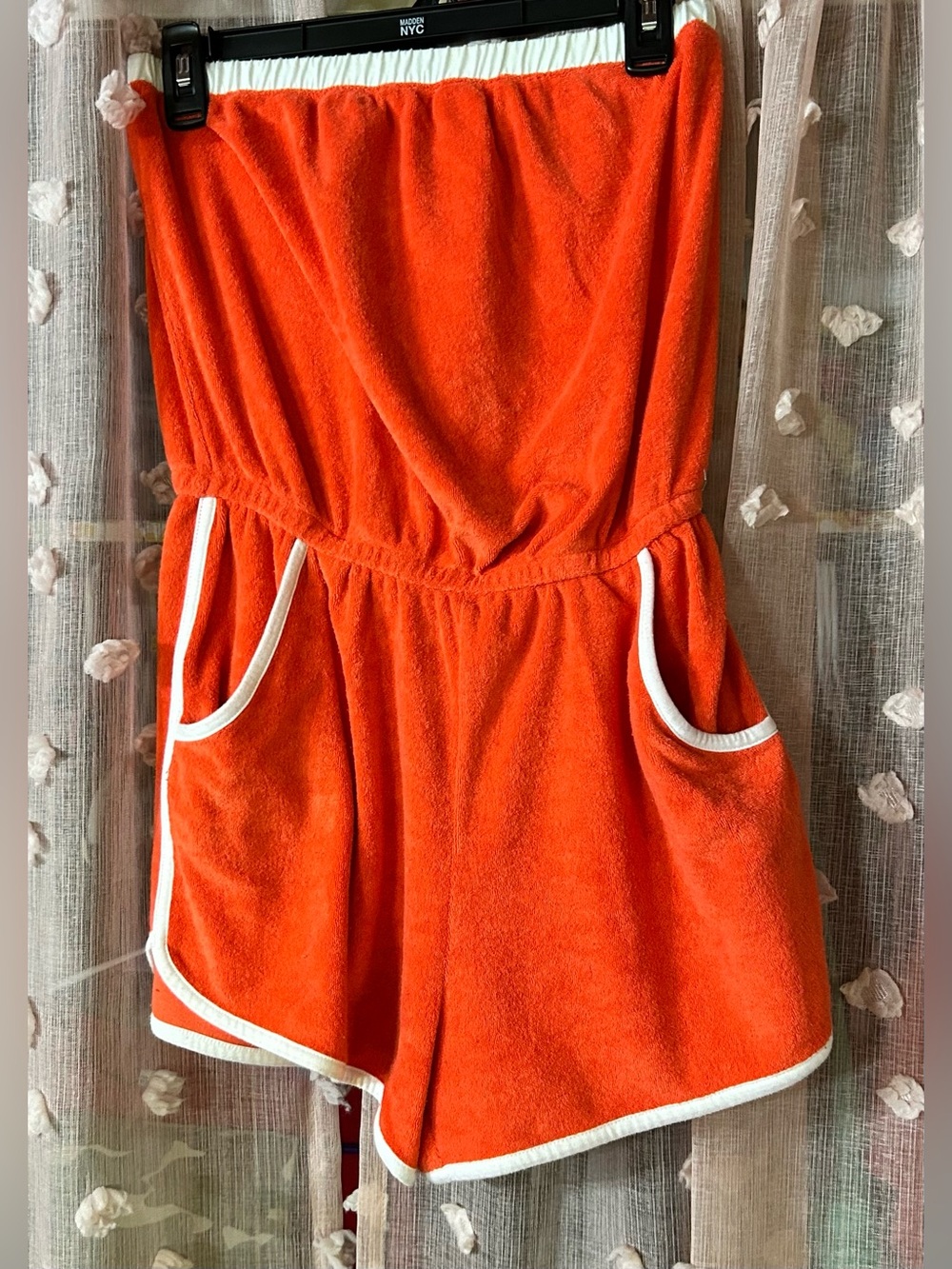 Bright Orange Terry womens Shorts Romper with White Trim